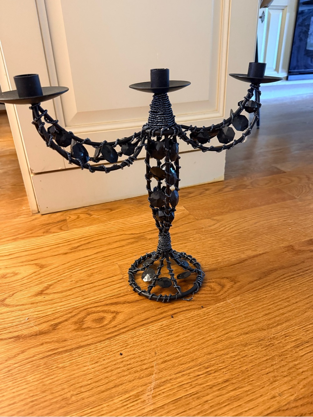 Black Beaded 3-Arm Candle Holder - Decorative Home Accent